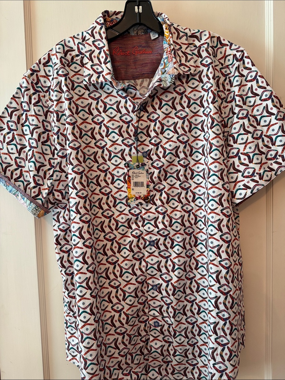 Robert Graham White Short-Sleeve Geometric Button-Down with Red & Teal Accents